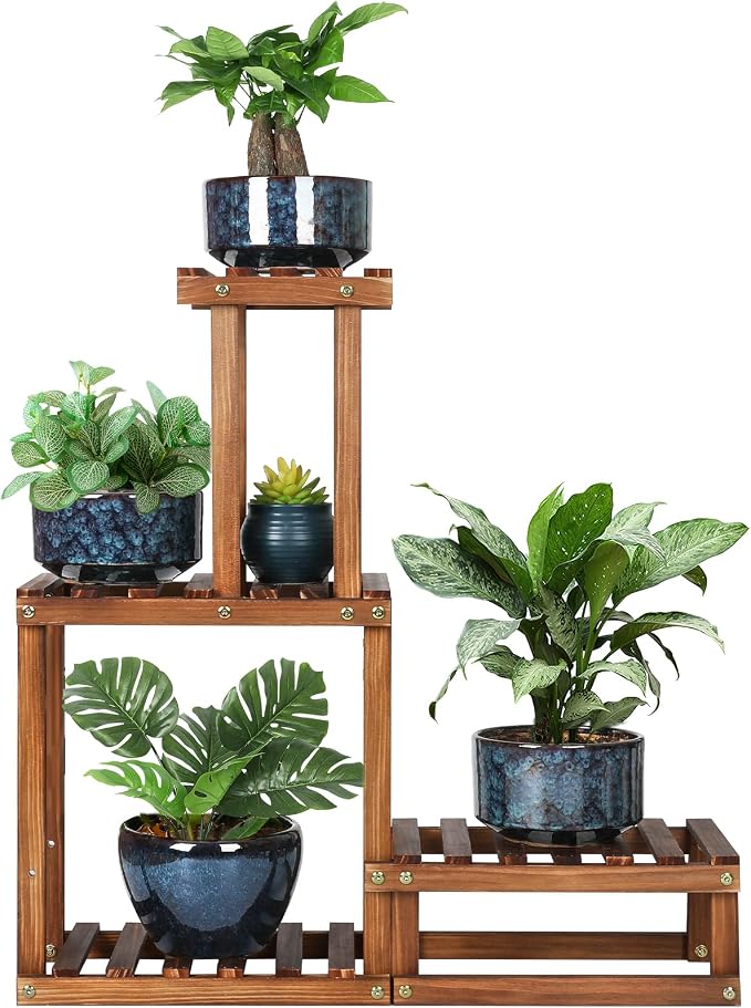 Wood Plant Stand Indoor Outdoor 4 Tiers Plant Rack Corner Planter Shelf Flower Pot Holder for Living Room Garden Patio Yard Porch (Space Saving,27.6”,Small)