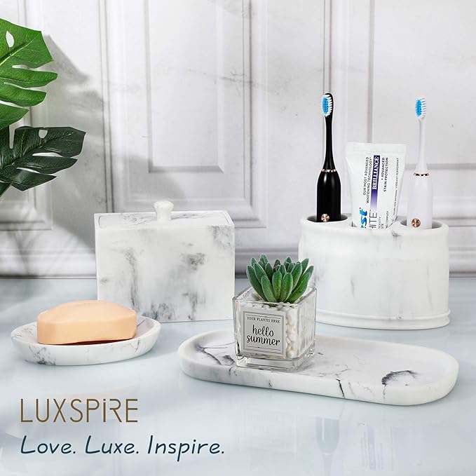 Luxspire Soap Dish 2 Packs, Resin Soap Tray Soap Holder Container Box, Marble Pattern Oval Soap Plate Case, Sponge Dish Scrubbers Tray Holder for Bathroom Vanity Shower Kitchen Sink, Gravel White