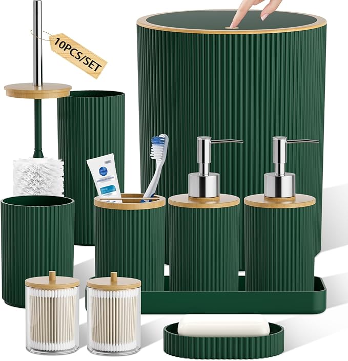 10PC Bathroom Accessories Set - Dark Green and Wooden Bathroom Sets, Bathroom Accessory Set with Pop Up Trash Can, Toilet Brush, Trash Can, Qtip Holder & Soap Dispenser