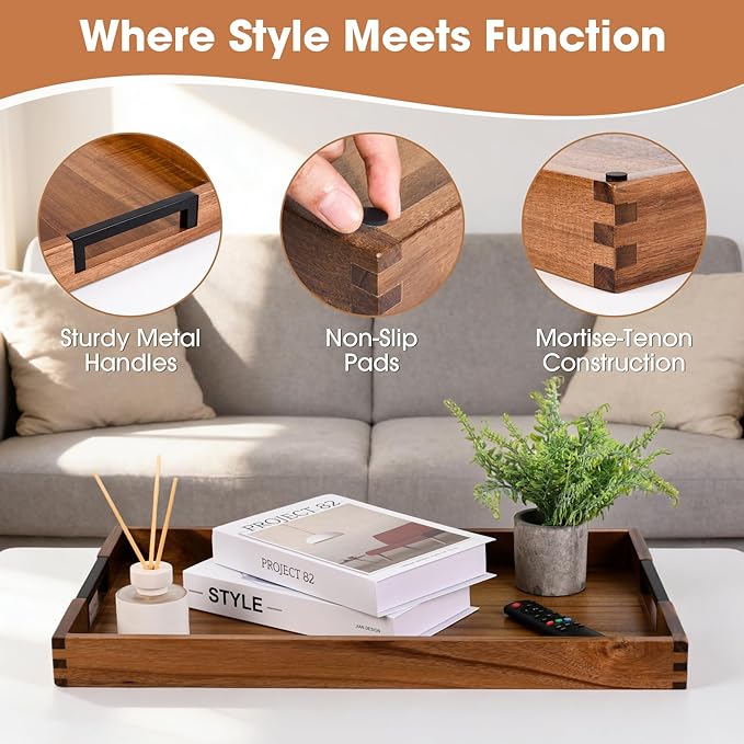 Large Ottoman Tray for Living Room and Coffee Table, Decorative Acacia Wood Serving Tray with Metal Handles for Breakfast in Bed, Dinner Food Kitchen TV (Natural, 24" x 15" x 2")