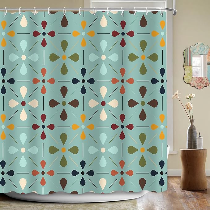 APROPHIC Mid Century Retro Shower Curtain 72x72 Inches, Vintage Geometric Pattern Bathroom Curtain with Hooks, Waterproof Polyester Fabric for Bath Shower, Machine Washable Home Decor for Bath, Green