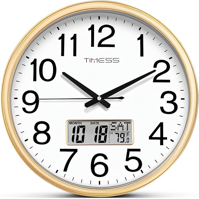 TIMESS Wall Clock, 11 Inch Non-Ticking Silent Battery Operated Quartz Analog with LCD Display for Perpetual Calendar and F° Temperature, Ideal Modern Home, Bedroom, Kitchen, Office Décor (Gold)