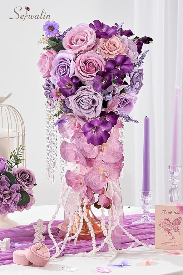 Serwalin 11 Inch Wedding Bouquets for Bride Bridesmaid, Purple Bridal Bouquets for Bride, Artificial Bouquets of Flowers for Wedding Ceremony Bridal Shower and Anniversary Day Decor