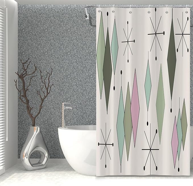 Mid Century Shower Curtain Modern Abstract Green Pink Diamond Geometric Atomic Starburst Pattern for 1950s Retro Bathroom Decor Accessories Shower Curtain Set with 12 Hooks, 36x72 Inches