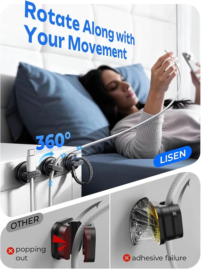 6-Pack Rotatable Cord Holder for Nightstand, LISEN 360°Rotating Magnetic Clips, No-Residue Strong Adhesive Cord Organizer for Desk, Cable Hider for Home, Office, Car, Cubicle Accessories