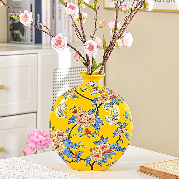 Sungmor High-Class Enamel Painted Porcelain Vase, Traditional Hand-Carved Overglaze Color Ceramic Vase for Fresh Flowers Dried Plants Arrangement, Decorative Vase for Centerpieces, Shelf, Living Room