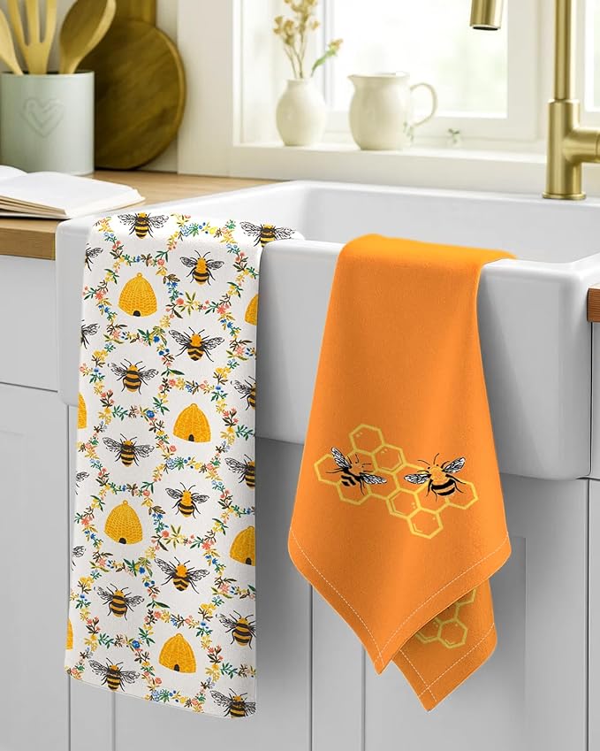 Miss Adola 2 Pack Flour Sack Kitchen Towels - 16x26 Inch Cotton Dish Towels with Hanging Loop Reusable Geometric Boho Modern Retro Tea Towel Absorbent Dishcloths Home Decor, Orange Bee
