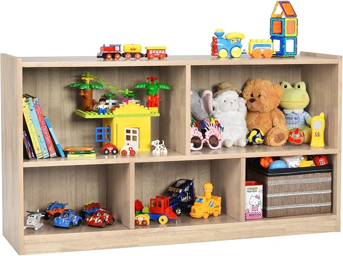Costzon 2-Shelf Bookcase for Kids, Wooden Toy Storage Organizer for Books Toys, 5-Section Freestanding Classroom Daycare Montessori Bookshelf for Preschool, Home Playroom & Kindergarten