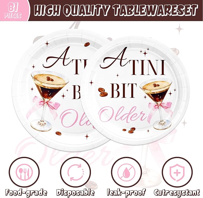141pcs Espresso Martini Birthday Party Decorations A Tiny Bit Older Supplies Espresso Martini Plates Napkins Forks Knives Straws Tablecloth Cups for Women Martini Bachelorette Bridal Shower Supplies