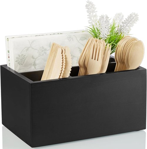 DRASTAR Silverware Caddy - Wooden Utensil Holder for Picnics & Parties | Black Plastic Design