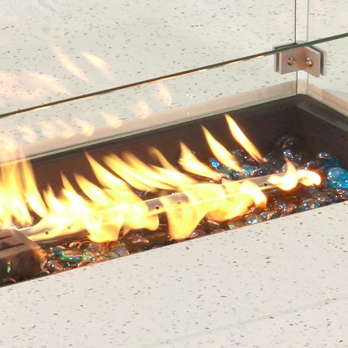 COSIEST Outdoor Propane Fire Pit Table, 56-inch x 28-inch Rectangle Terrazzo White Concrete-Like Finish, Certified, 50,000 BTU Stainless Steel Burner w Blue Fire Glass, Wind Guard, Raincover