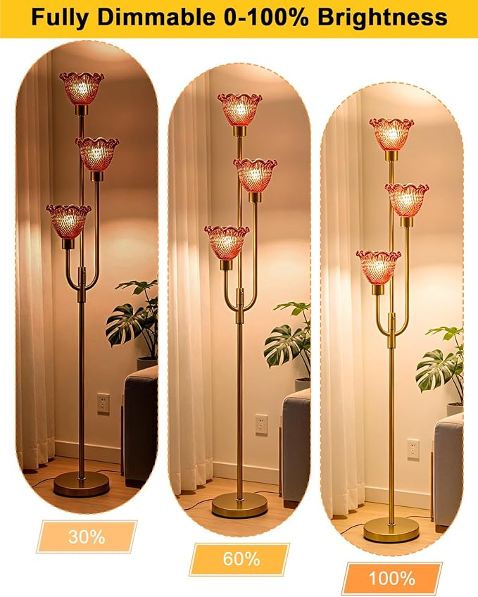 Lightdot 3-Lights Glass Floor Lamp 66IN Modern Gold Dimmable Floor Lamps with 3000K Warm White Bulbs for Wedding Party Tall Standing Lamp with Deep Red Glass Shade for Living Room/Bedroom/Home Decor