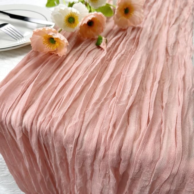 Booque Valley Dusty Pink Cheesecloth Table Runner 10ft Super Soft Boho Wrinkled Gauze Sheer Cloth for Baby Shower Baptism Birthday Party Wedding Centerpiece Table Decoration, 35x120 Inch