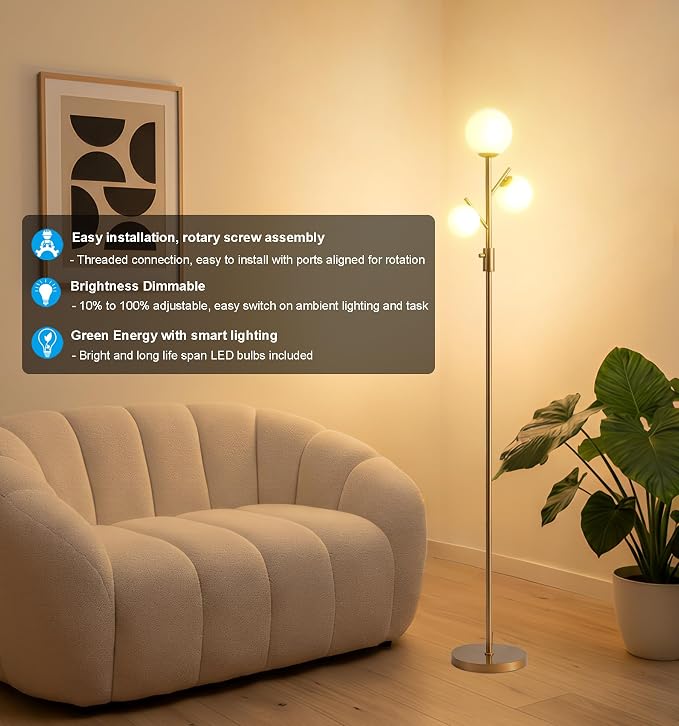 Fiqevs Mid Century Modern 3 Globe Tree Floor Lamp - Dimmable LED Standing Lamp with Bulbs, Warm Light for Living Room Bedroom Office - Antique Brass/Gold