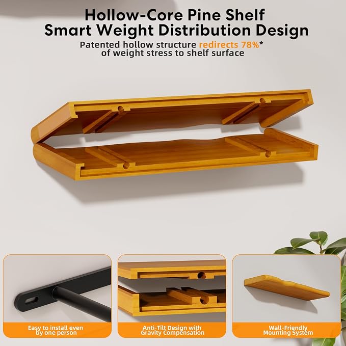 Solid Wood Live Edge Floating Shelves Set of 2 – 48" Rustic Wall Shelf with Hidden Bracket System, Wall Mounted Shelves for Bathroom, Kitchen, Living Room, Bedroom (Honey Walnut)