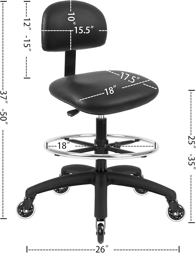 Chair Master FSS Series Square seat Tall (25"-35") seat Height Chair. Vinyl-for Office, Garage, Desk, Shop, Computer, Doctor, Medical, Easy to Clean! 18" Footring (Black, Tall, Rubber Roller Casters)