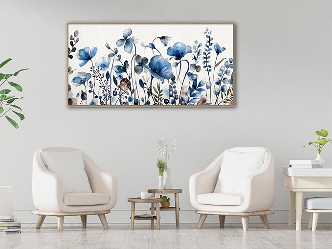VEAEE Floral Wall Art, Abstract Indigo Flowers Canvas Pictures, Living Room Wall Decor, Modern Landscape Painting, Botanical Grass Artwork for Bedroom Bathroom Kitchen Office Wall Decor 29"x 58"