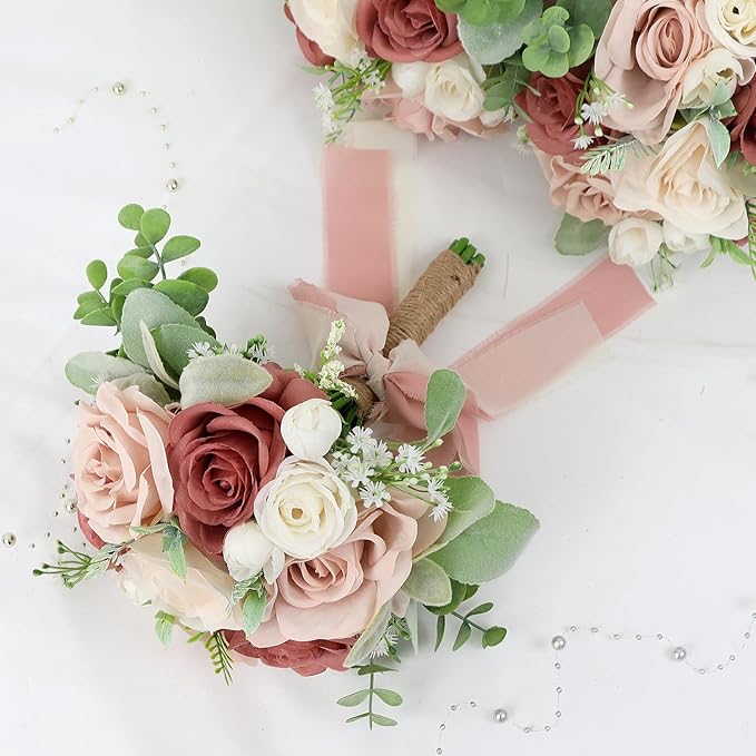 Set of 6 Bridesmaid Bouquets for Wedding - 7 Inch Artificial Flowers Bouquets for Ceremony Anniversary Centerpieces Decorations - Pink and White