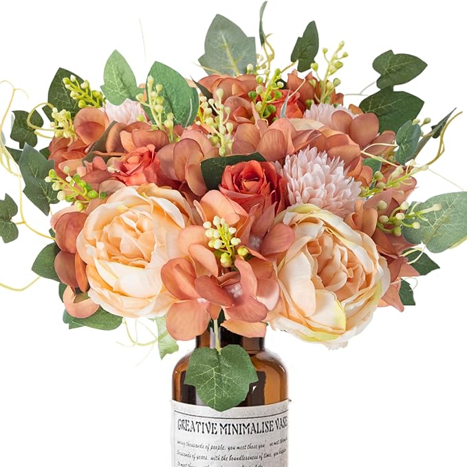 ASTRYAS 2 Bundles Artificial Flowers Bouquet, Fake Peony Silk Chrysanthemums Roses Faux Floral Arrangements for Home Decor Kitchen Table Centerpieces Decoration (Beige & Orange)