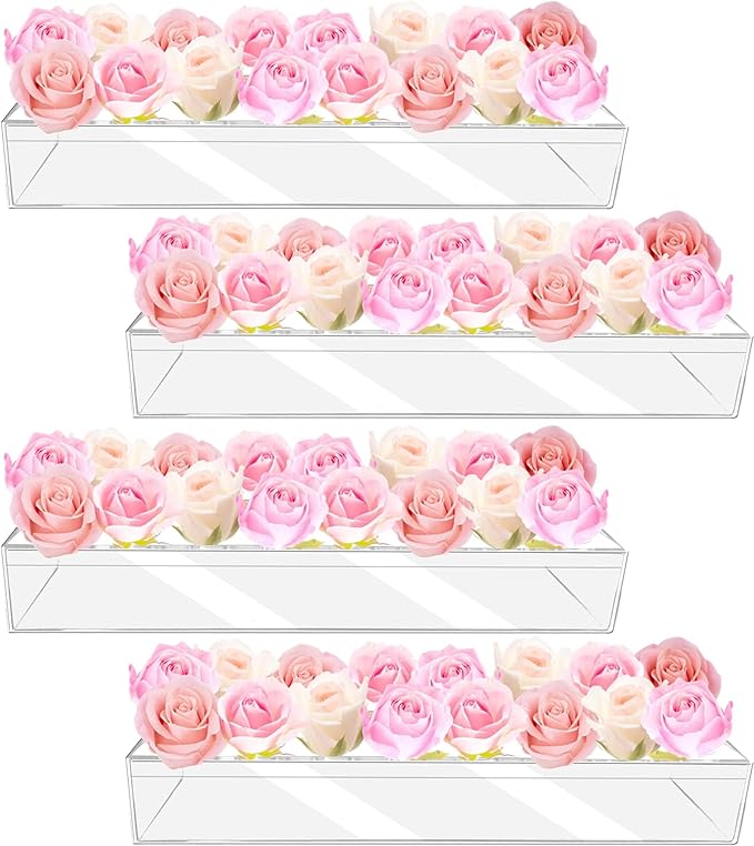 4Pcs Acrylic Flower Vase with 64 Holes,63 inch Decorative Long Clear Vase Modern,Rectangular Acrylic Vases Clear Floral Centerpiece for Dining Table Reception Home Party Decorations