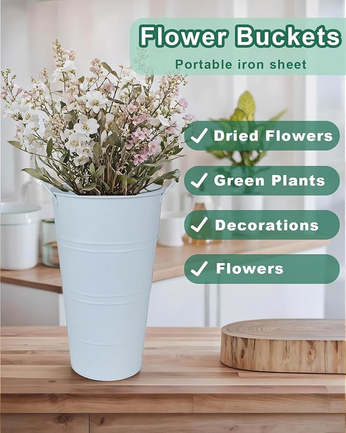 12 Inch Galvanized Metal Vases for Flowers - 6 Pcs Farmhouse Decorative Tall Flower Bucket with Handles, Rustic French Tin Planter Buckets for Wedding Decor (Pure White)