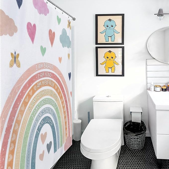 Pastel Rainbow Shower Curtain for Bathroom, Kids Girls Baby Boho Cute Inspirational Motivational Quotes Rainbow Colorful Waterproof Fabric Shower Curtain Set with Hooks, 72"x72" Inch
