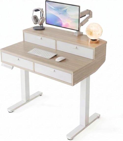 HUANUO Electric Standing Desk - 32 x 20 Inch Adjustable Height Home Office Desk with 4 Drawers | Ergonomic Design, Natural Finish