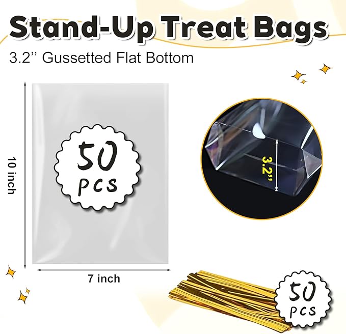 PigPotParty Cellophane Treat Bags 7"x10", 50 Pack Clear Goodie Bags, Bottom Gusset for Stand-Up Display, Small Plastic Gift Wrap for Cookies, Candy, Party Favors, Popcorn, Includes 50 Gold Ties