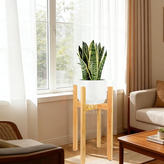 MAVOTER Adjustable Plant Stand Indoor,23.6" Tall Bamboo Mid Century Modern Plants Stands Fits 8-12 Inch Pots,Stable Single Floor Corner Flower Pot Holder for Living Room, Balcony