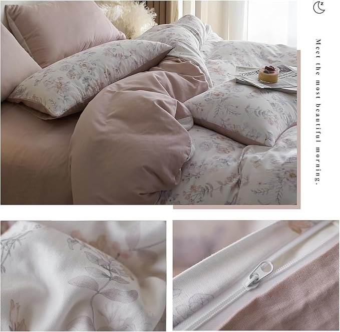 VM VOUGEMARKET Garden Flower Duvet Cover Set Queen,Lyocell & Cotton Bedding Set with Flower Pattern,Breathable & Cool Comforter Cover for Summer (Blush Pink,90x90 Inch)
