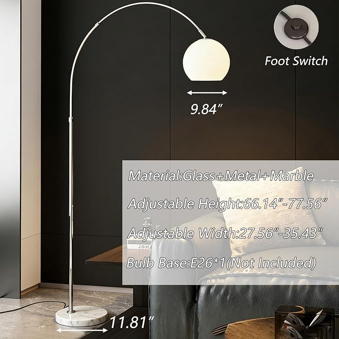 MIXL-Milk Glass Shade Arc Floor Lamp,Marble Base Arch Lamp,Chrome Flexible Rod Standing Light,Modern Floor Lamps for Living Room Office