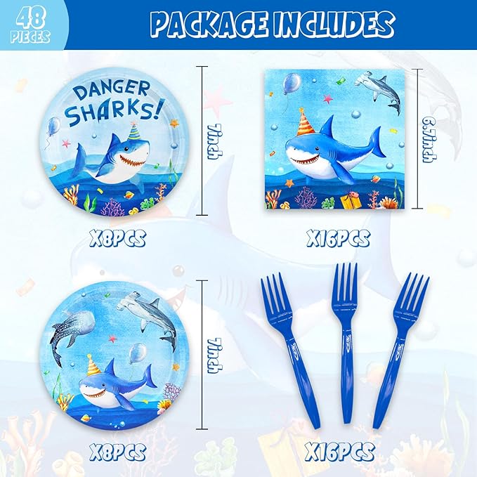 48Pcs Shark Birthday Party Decorations Include Plates Napkins Forks for Baby Shower Summer Pool Party Decor Serves 16 Guests