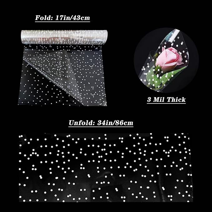 CMFYHM Clear Cellophane Wrap Roll(34" x 120’Ft) 3Mil Polka Dot Cellophane, Cellophane Gift Wrap Roll, Cellophane Wrap for Gifts, Baskets, Flowers, Party Decorations