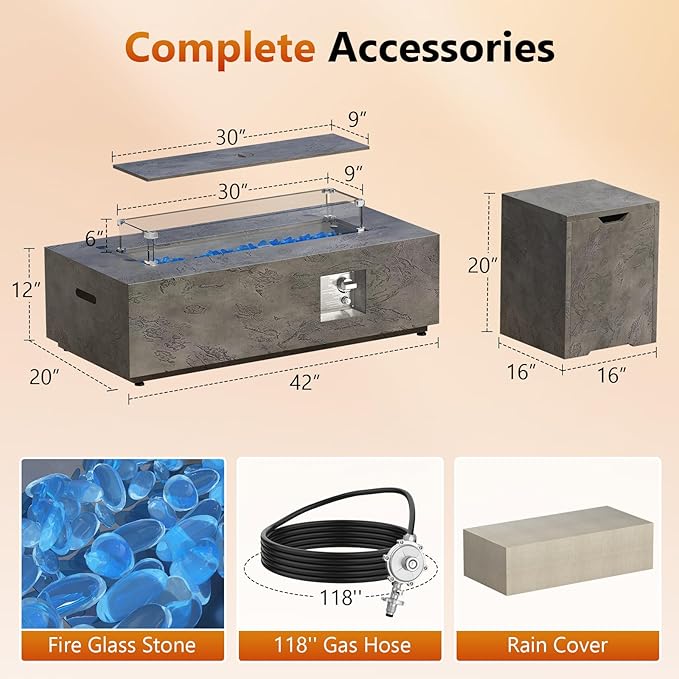 2-Piece 42" Rectangular Propane Fire Pit for Outside Patio with Hidden Tank Table, 50,000 BTU Fireplaces with Glass Wind Guard, Lid, Glass Rocks, Cover(Grey Rock Veins)