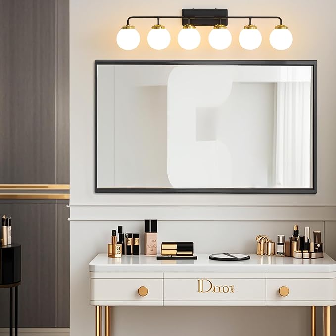Black Gold Bathroom Light Fixtures Over Mirror, Modern Vanity Lighting with Milk White Glass Globe Shades 6-Light Farmhouse Wall Sconce