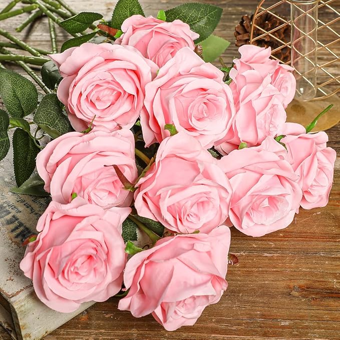 Kisflower 12 Pcs Pink Roses Artificial Flowers with Stems Silk Roses Fake Rose Realistic Flower Bouquet for Wedding Party Office Home Decor (Pink)