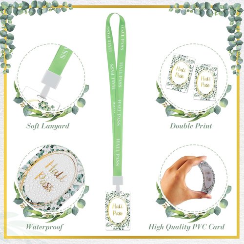 Skiennix 8 Set PVC Hall Pass Lanyards - Durable Eucalyptus Design for School & Office Use