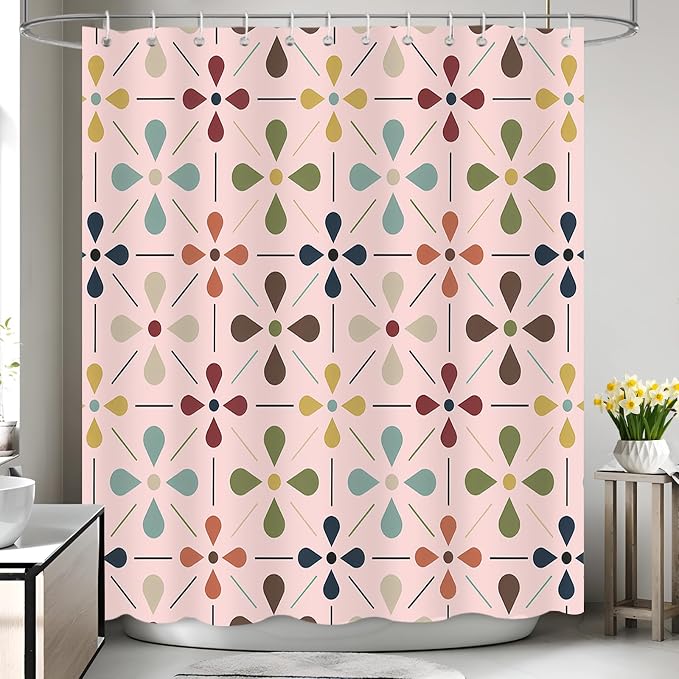 APROPHIC Mid Century Retro Shower Curtain 72x72 Inches, Vintage Geometric Pattern Bathroom Curtain with Hooks, Waterproof Polyester Fabric for Bath Shower, Machine Washable Home Decor for Bath, Pink
