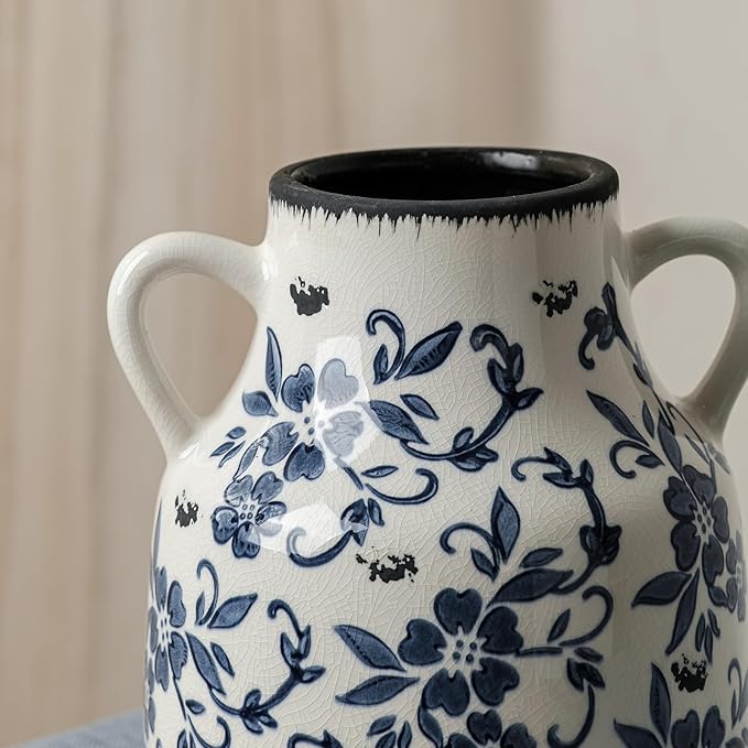 Blue and White Vintage Round Flower Vase with 2 Handles, Chinoiserie Floral Vase, Retro Ice Cracked Ceramic Large Vases for Home Decor, Living Room, Grand Millennial Chinoiserie Decor, 7.7 Inch