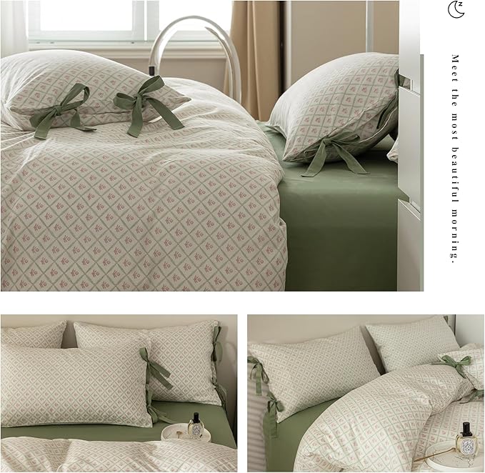 AOJIM Pink Floral Print Bedding Duvet Cover Full Size with Plaid Design, Pure Cotton Kids Adults Comforter Cover Set 3pcs for Room Decor, 1 Soft Quilt Cover and 2 Pillowcases with Bow Ties, No Duvet