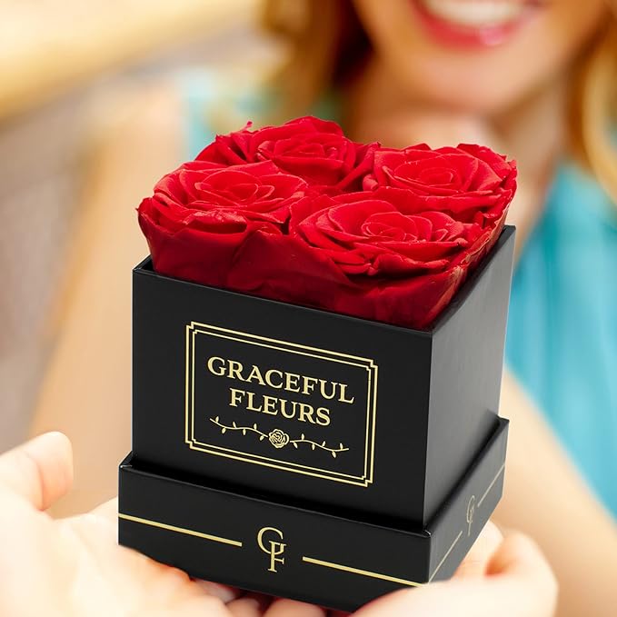 Graceful Fleurs | Real Long Lasting Roses for Years | Preserved Fresh Flowers for Delivery Birthday | Birthday Gifts for Women | Forever Roses in a Box (Red, Black Box, 4 Roses)
