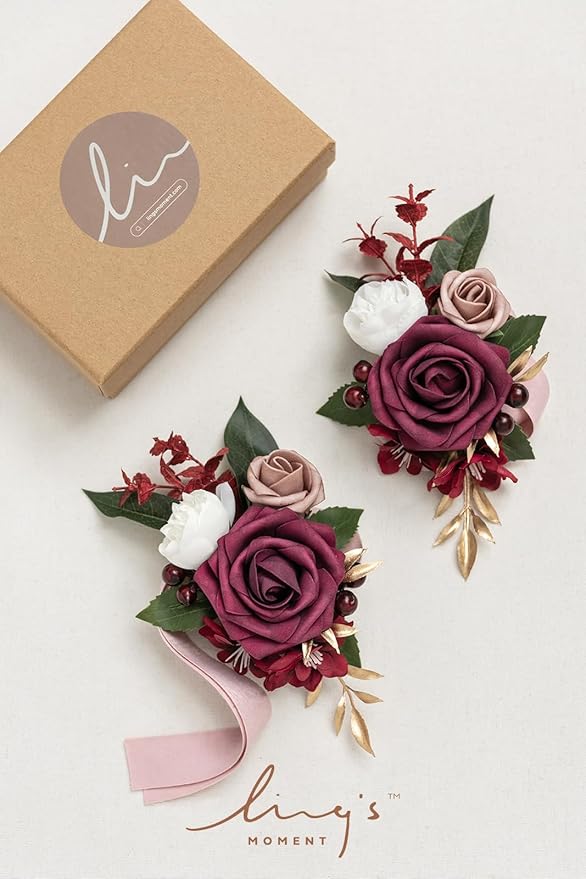 Ling's moment 2pcs Prom Wrist Corsage Artificial Flowers, Girl/Mother Corsages Wristlet Décor for Homecoming/Wedding/Anniversary, etc. Bungundy
