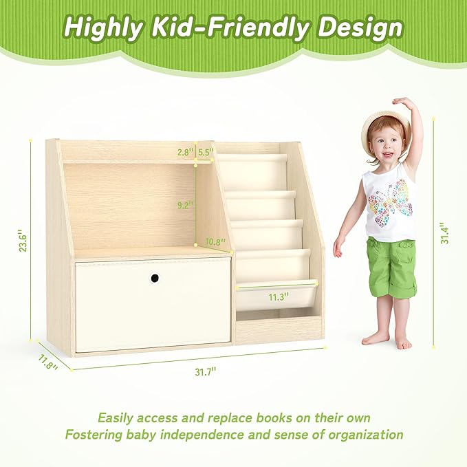 TOETOL Kids Bookshelf & Book Storage，4 Sling Wooden Toddler Book Shelf，2-Tier Wooden Open Bookcase & Storage Organizer Boxes for Nursery, Playroom, Bedroom