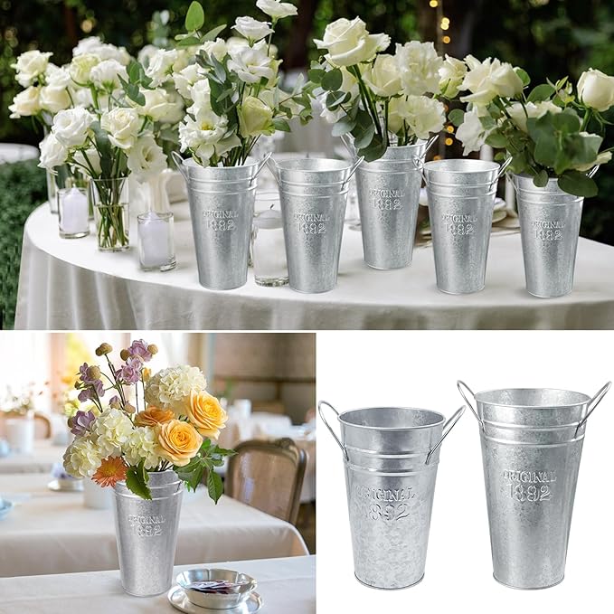 6 Packs 8 & 10 Inch Tall Galvanized Metal Flower Vases with Handles, Metal Flower Buckets for Cut Flowers, Country Wedding, Table Centerpiece Decorations(Sliver)