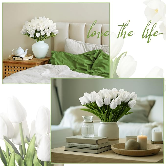 Janinka 75pcs Artificial Tulip Flowers Fake PU Tulips Faux Latex Bouquet Flower Centerpieces Arrangement Floral for Mother Day Wedding Spring Decorations (White)