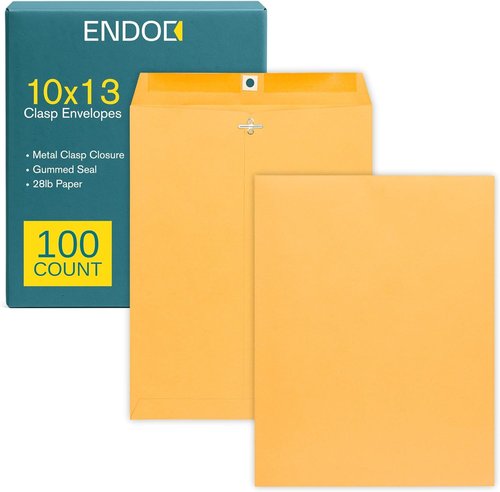 EnDoc 10 x 13 Clasp Envelopes - 100 Pack Brown Kraft Heavyweight 28lb Paper for Home & Office
