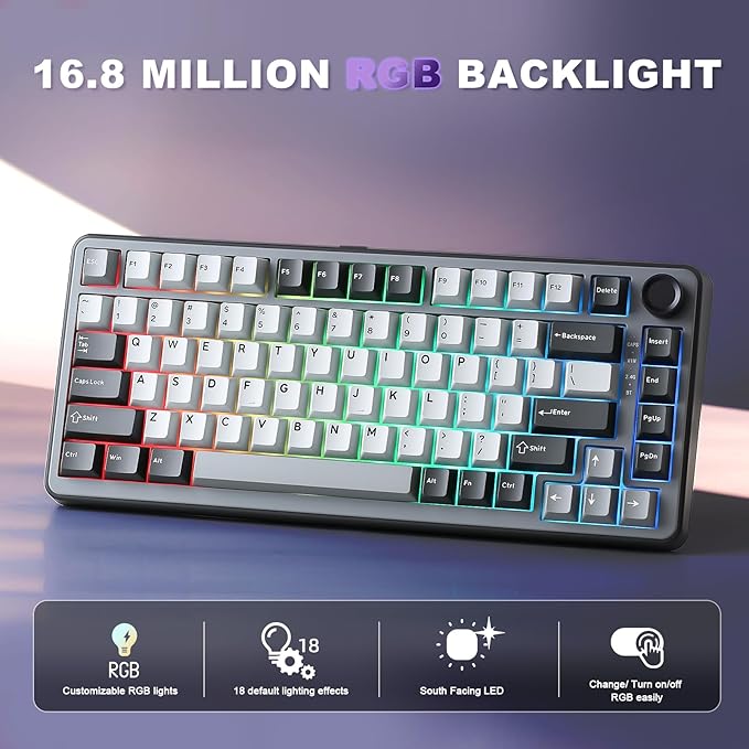 YUNZII B75 PRO Wireless Mechanical Keyboard,75% Layout with Knob,Hot Swap Gasket Structure,Creamy Pre-lubed Switches,RGB Backlit,Bluetooth/Type-C/2.4G for Win/Mac (Dark Grey, Milk Switch)