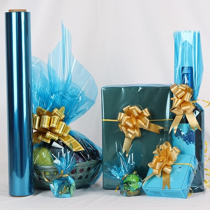 CMFYHM Blue Cellophane Wrap Roll,Colorful Cello 34 In Wide X 100 Ft Long, Translucent Colored Cellophane Wrapping Paper for Gift Baskets Wrap, Treats, Holiday, DIY Arts Crafts Decoration (Blue)