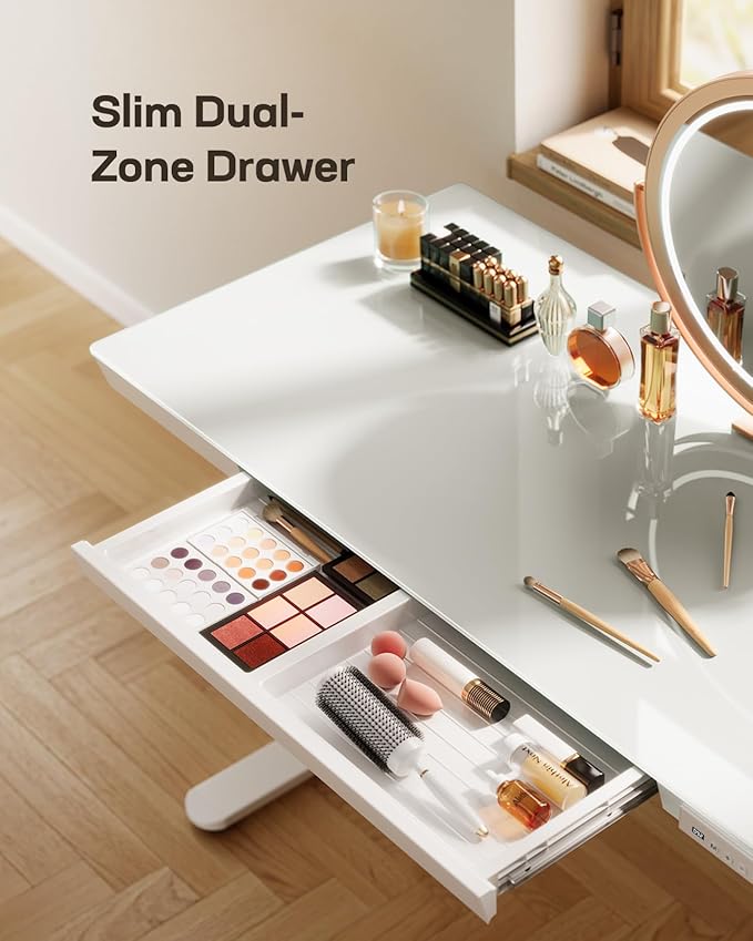 Marsail Glass Standing Desk with Drawer,55 x 28 inch Electric Standing Desk, Sit Stand Desk with One-Piece Tabletop & USB Charging Ports, Height Adjustable Desk with Storage for Home & Office White