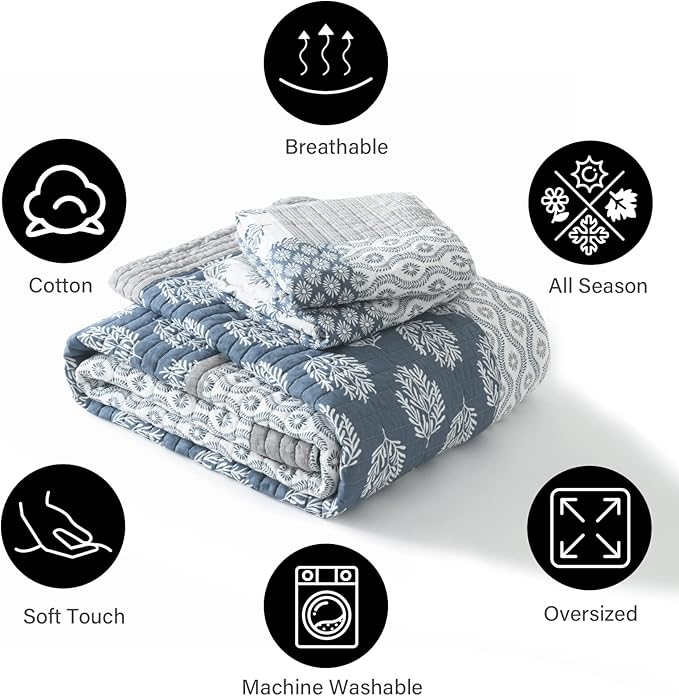 PANGUSHAN Quilt Set Queen Size, 100% Cotton Bedspread Quilt Bedding Set, Patchwork Reversible Floral Quilt for Queen Bed, Blue/Grey/White Bed Spread, Lightweight Comforter for All Season, 3 Pieces